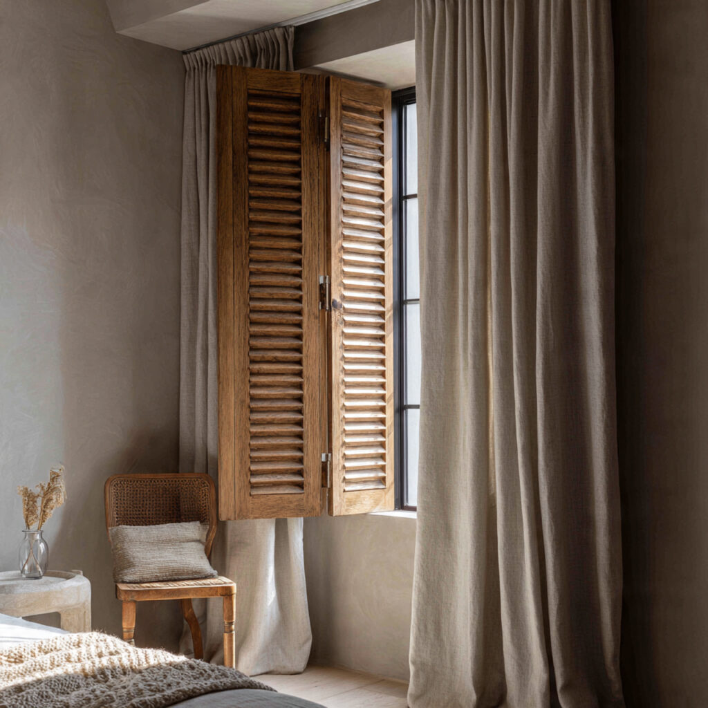 Shutter-Style Wooden Window Panels With Linen Drape Overlay
