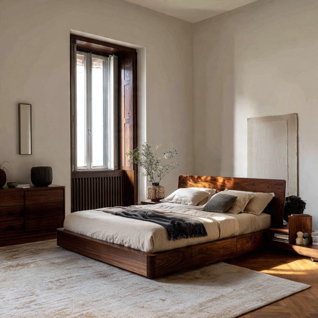 Dark Walnut and Cream Italian Minimalist Bedroom