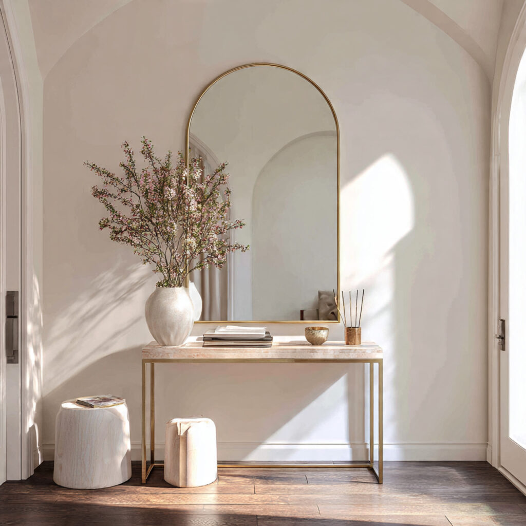 Arched Mirror Above a Styled Console Table