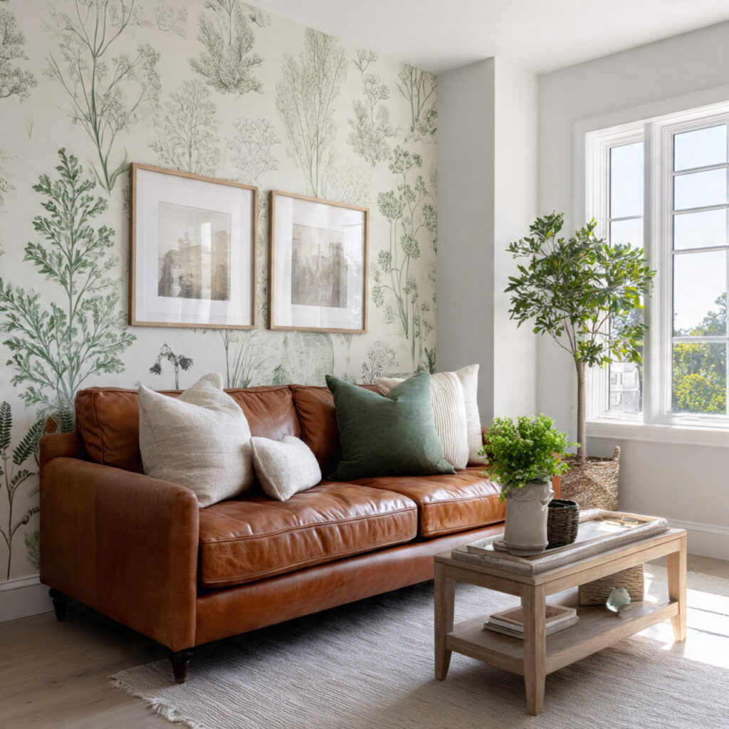 Botanical Wallpaper Accent Wall Behind the Main Sofa