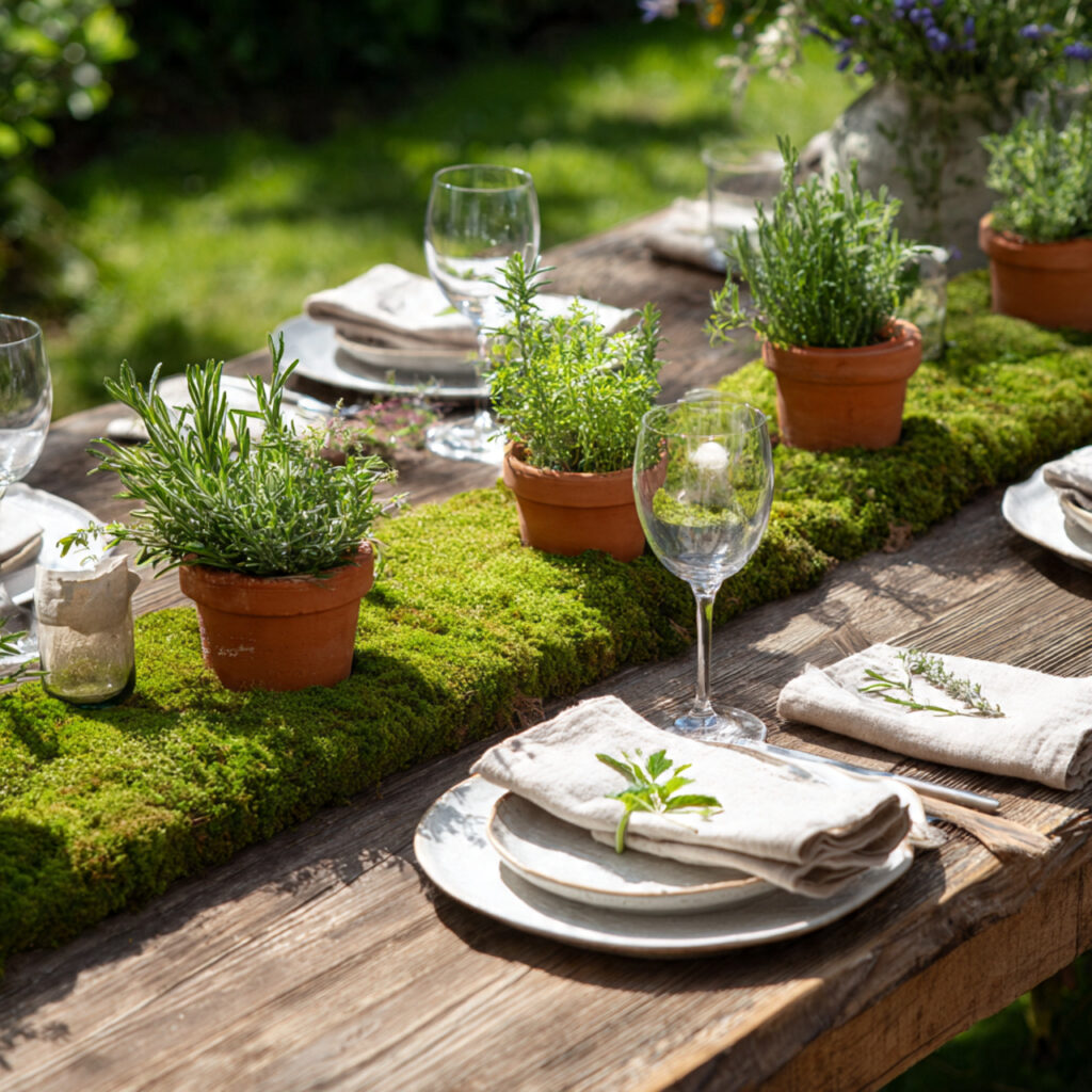 2 garden party table with moss runner and potted h