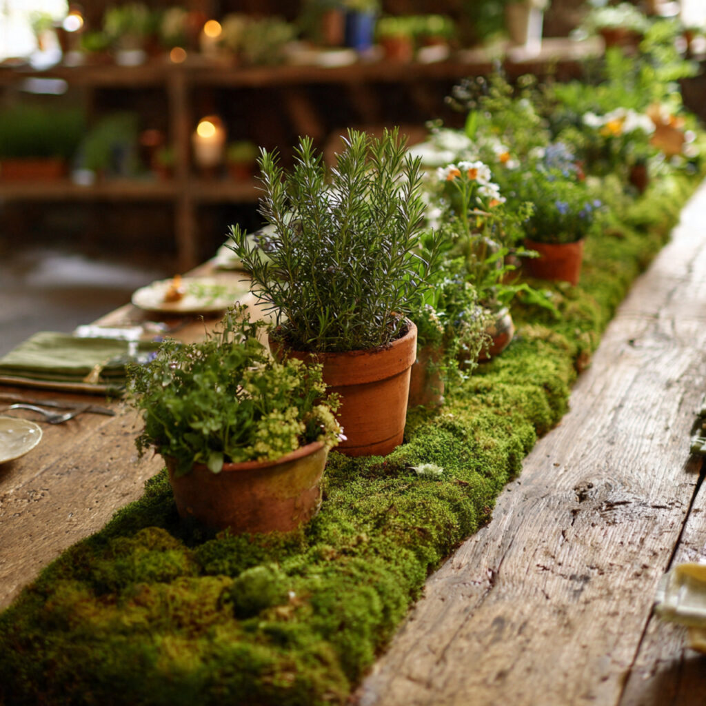 Potted Herb and Moss Centerpiece Runner