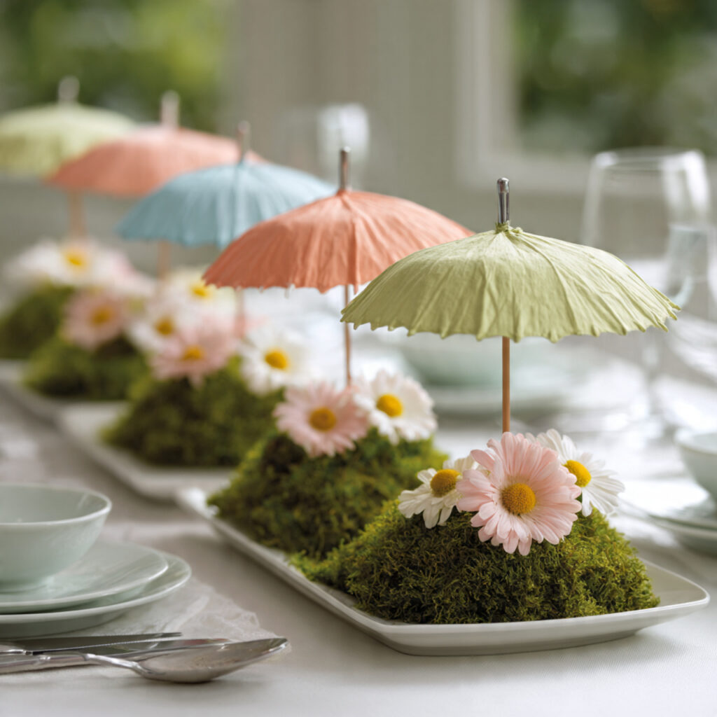19 April Showers Table Decorations That Create a Fresh Rainy Spring Theme Start Styling Your Table Today 3 Umbrella and Bloom Miniature Centerpiece Display
