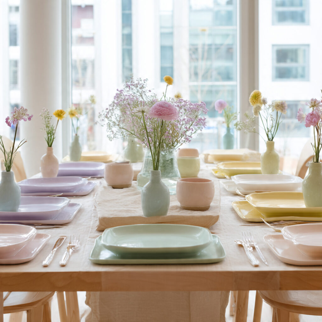 12 April Table Setting Ideas That Create a Bright and Elegant Spring Dining Experience You Must Try 3 Pastel Layered Place Setting With Mixed Spring Tones