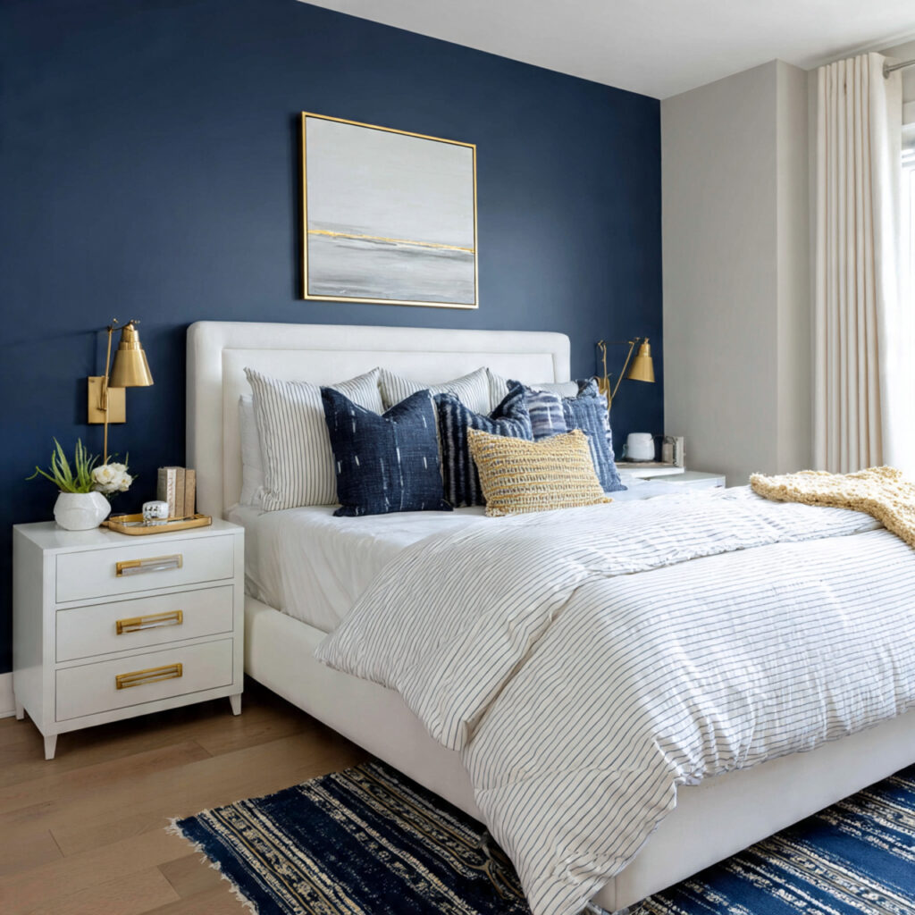 Navy Blue Accent Wall With White Furniture and Brass Hardware