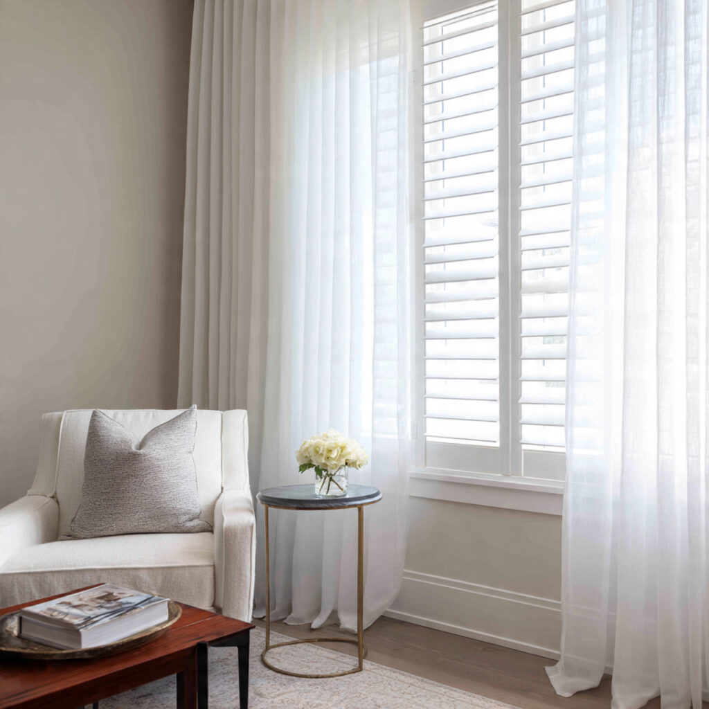 Tall Shuttered Window Panels With Sheer Linen Overlay