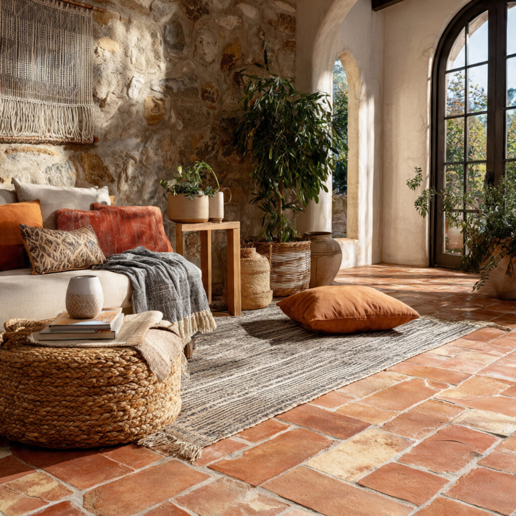 Terracotta Tile or Terracotta-Look Floor With Area Rug Layering