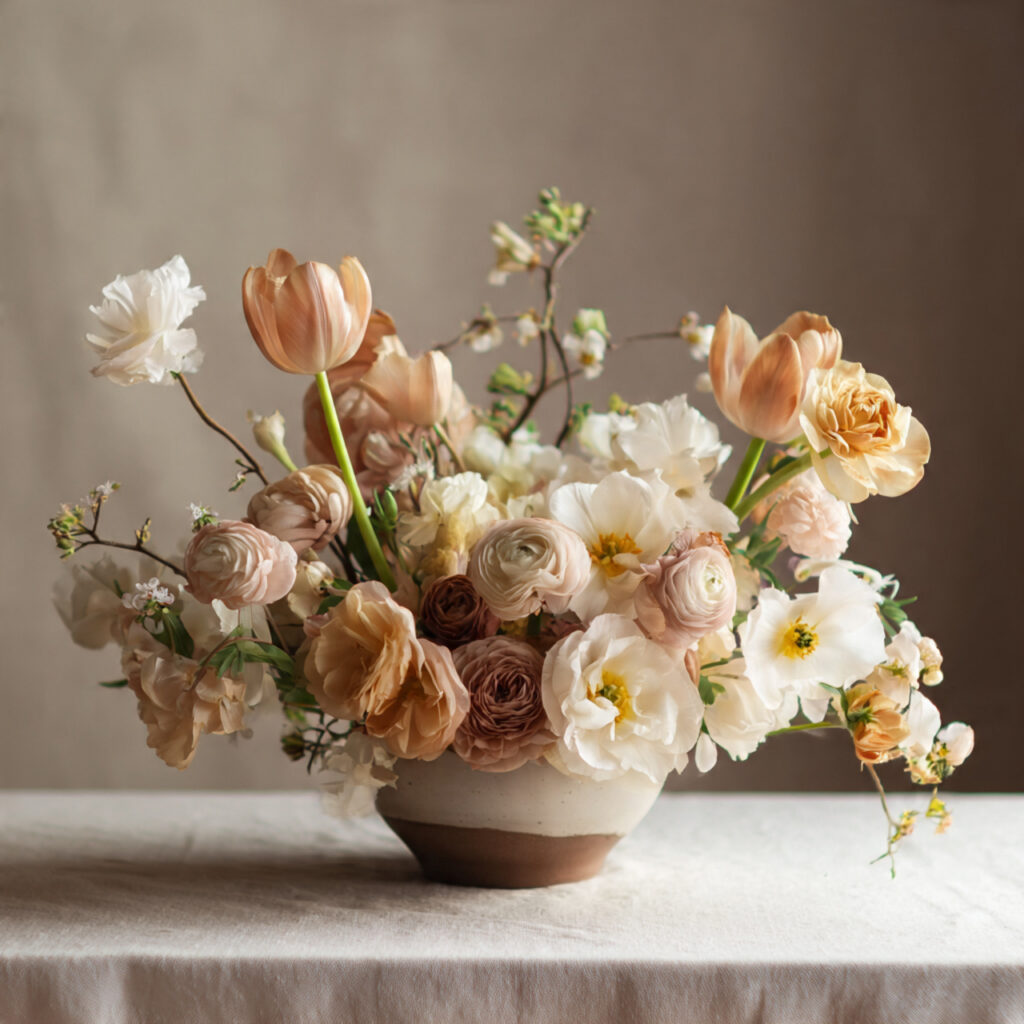Wide Ceramic Bowl With Dense Mixed Spring Bloom Arrangement