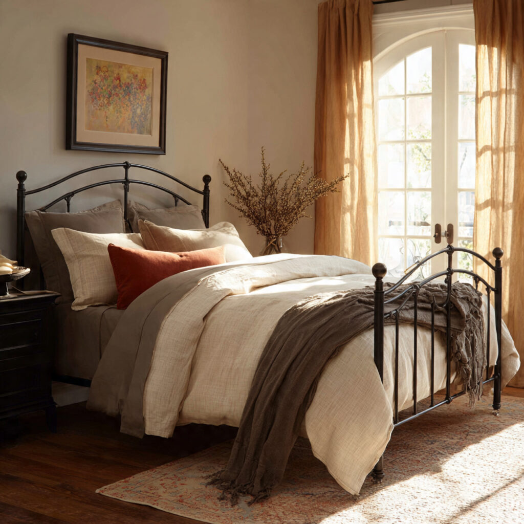 Ornate Wrought Iron Bed Frame With Ivory Linen Bedding