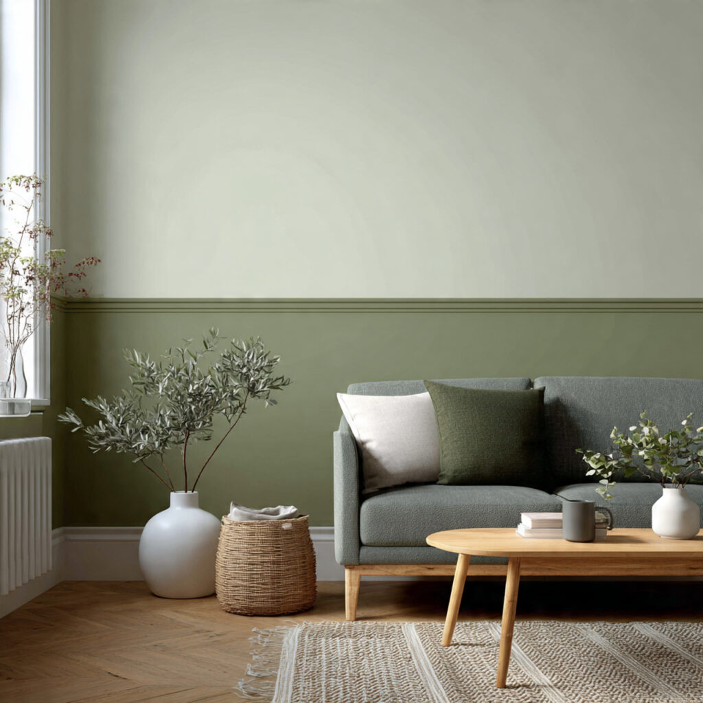 Soft Olive Green and Warm White Two-Tone Wall Treatment