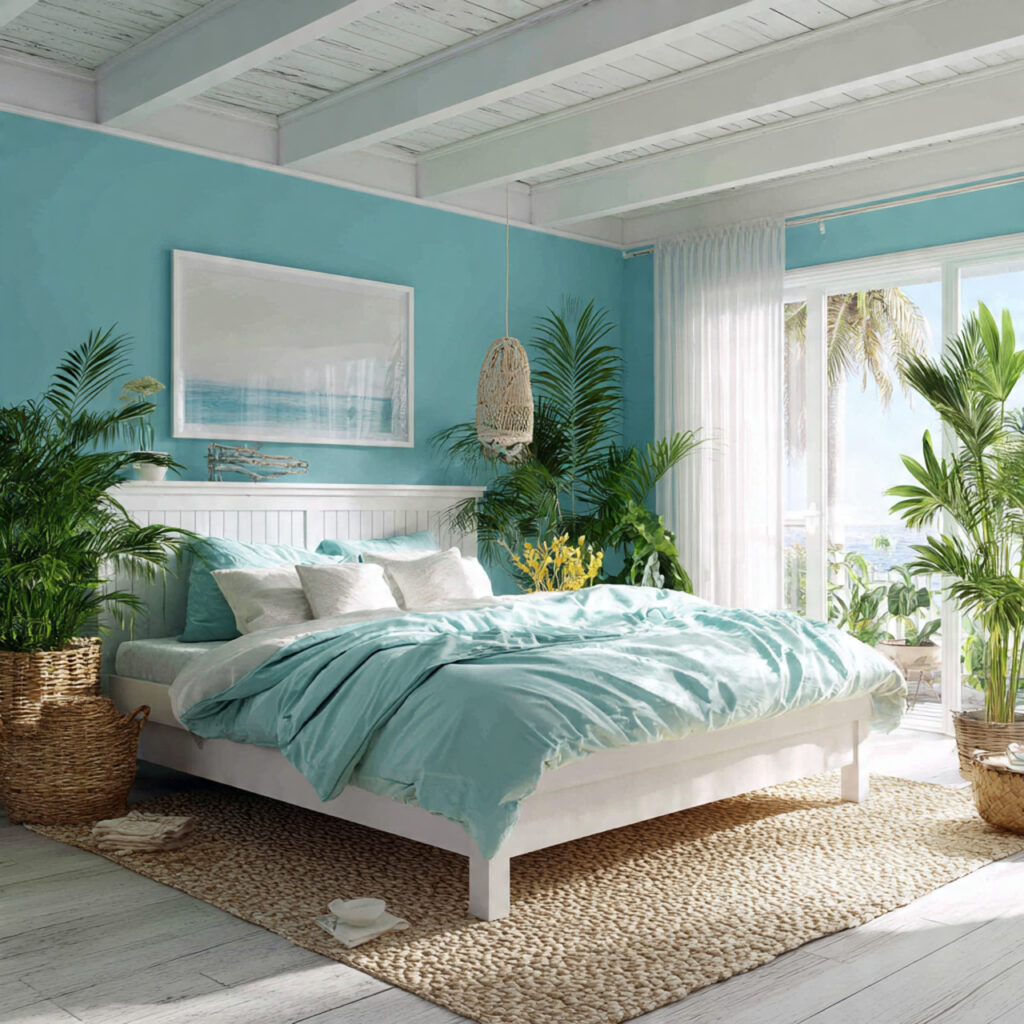 Aqua and White Tropical Summer Bedroom