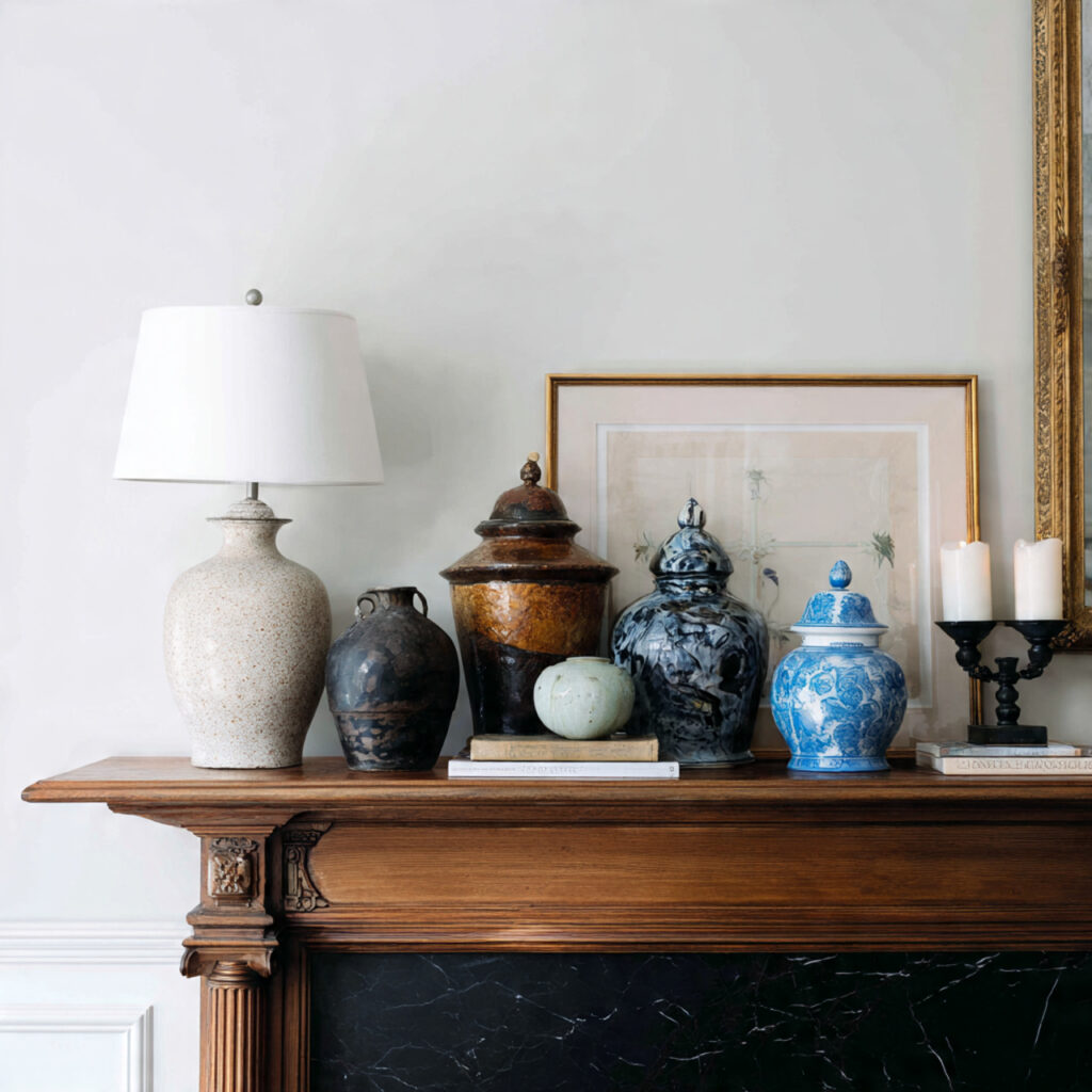 Curated Antique and Artisan Object Vignette on Console or Mantel
