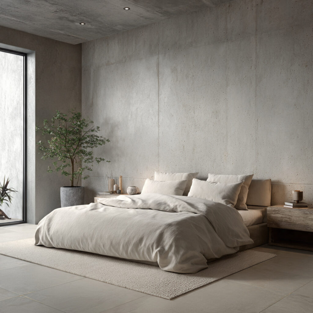 Coastal Minimalist Bedroom With Concrete and Linen