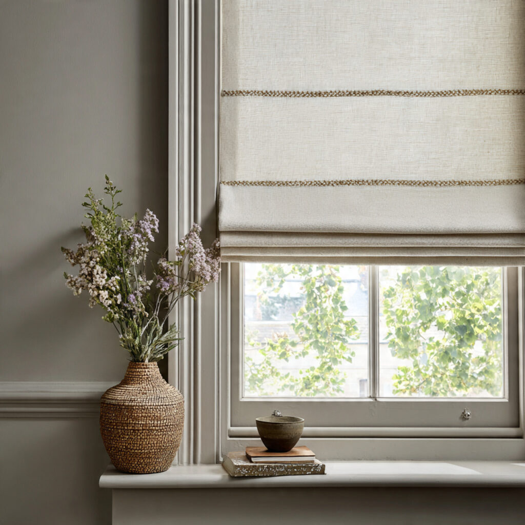 Natural Linen Roman Blind With Woven Trim Detail