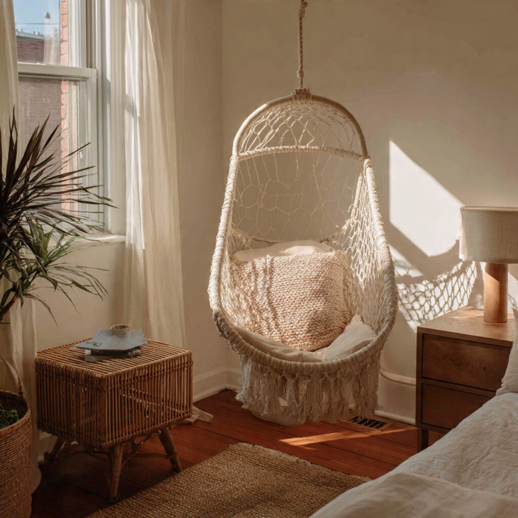 Boho Beach Bedroom With Hammock Chair in the Corner