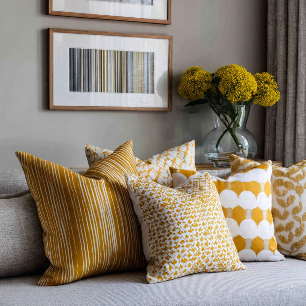 Soft Ochre Yellow and White Graphic Cushion Arrangement