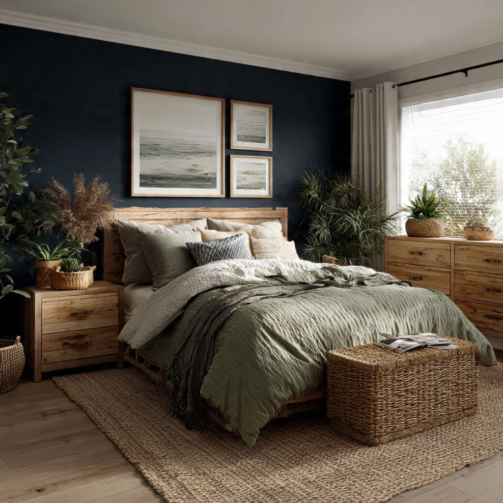 Navy and Sage Green Summer Bedroom With Natural Textures