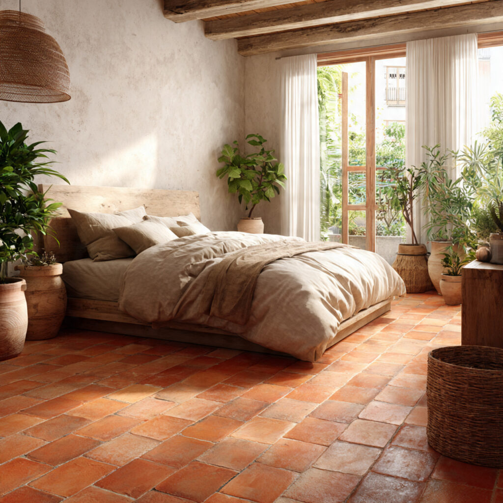 Terracotta Floor Tile Effect With Warm Bedroom Styling