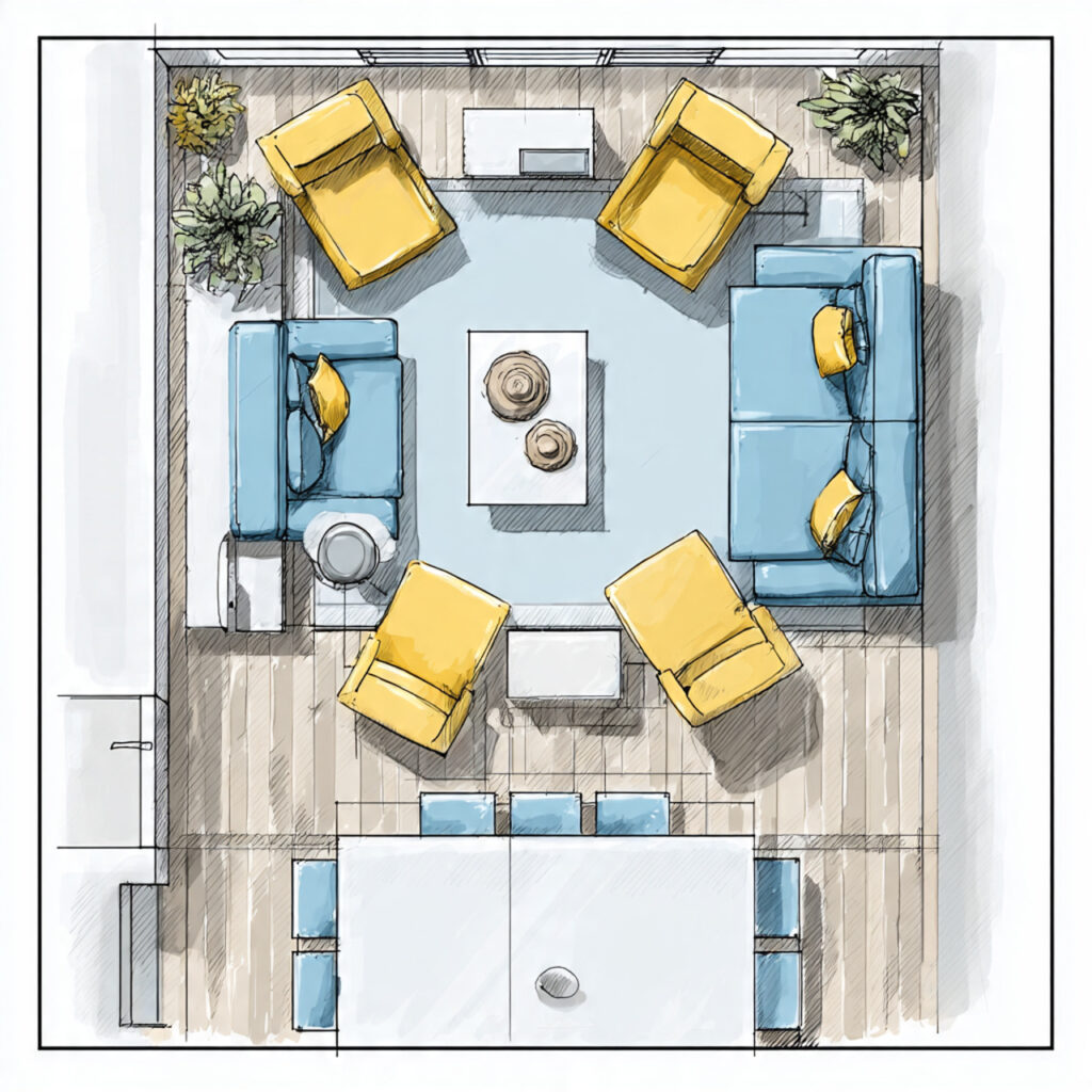 Open-Plan Spring Summer Layout With Furniture Pulled to Center