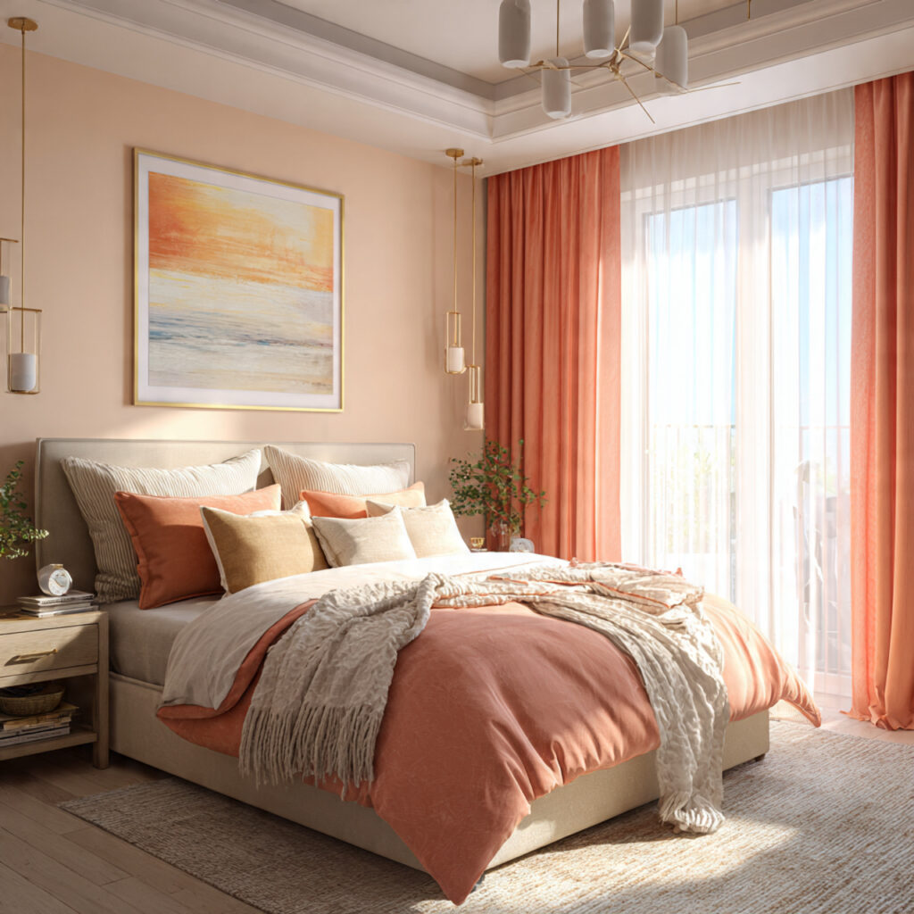 Sunrise Palette Bedroom in Coral, Peach, and Gold