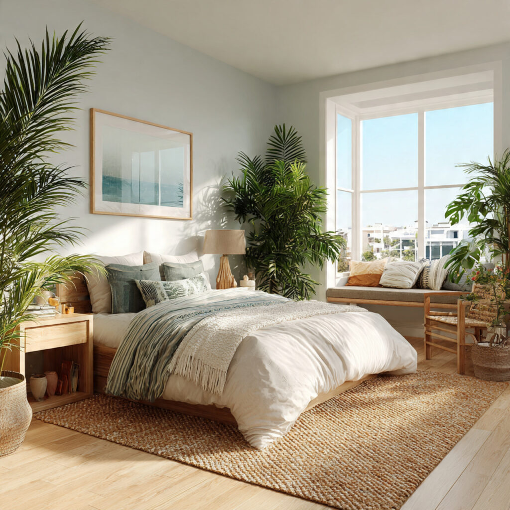 Outdoor-Indoor Coastal Bedroom With Potted Palm Display