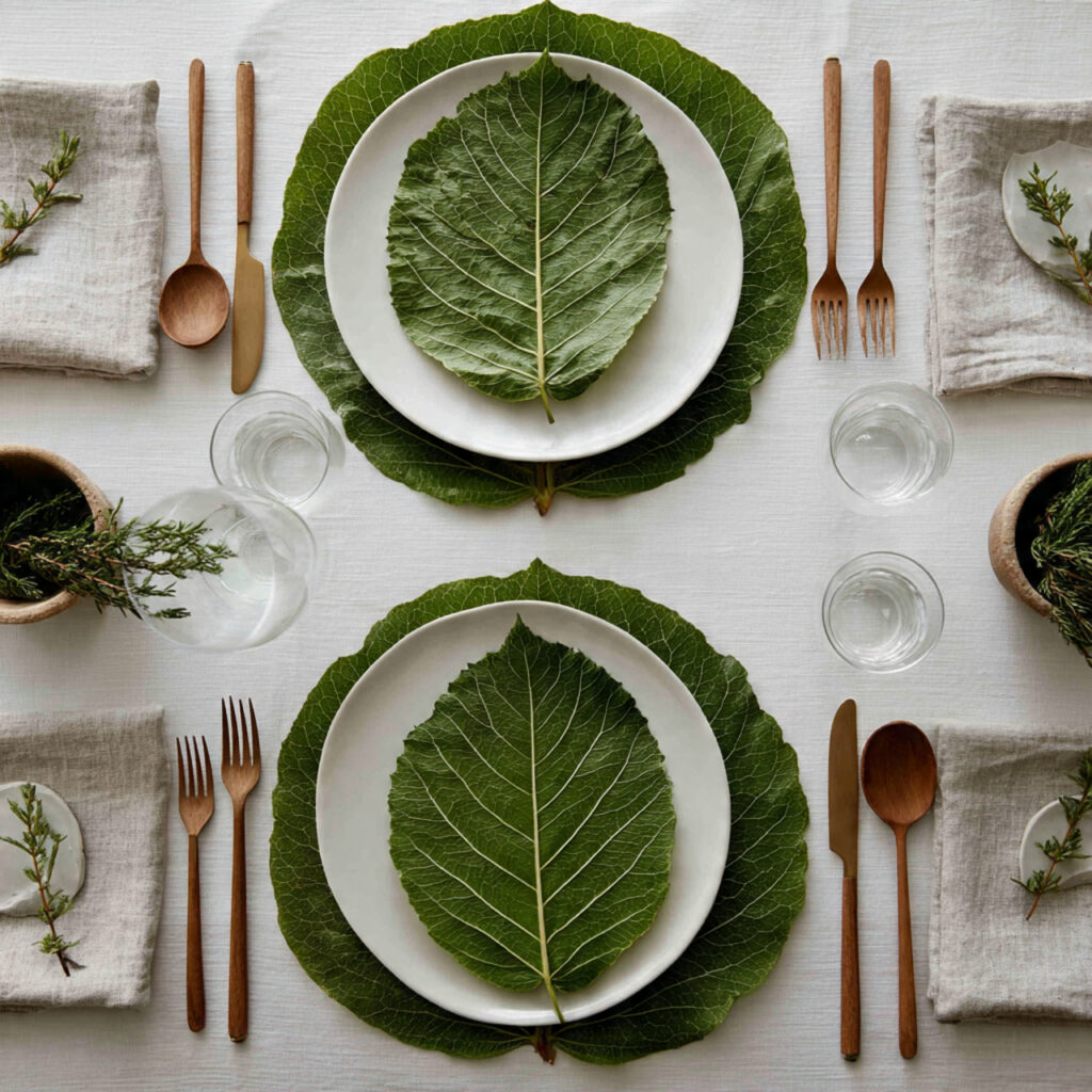 12 April Table Setting Ideas That Create a Bright and Elegant Spring Dining Experience You Must Try 4 Botanical Leaf Place Setting With Natural Linen Layers