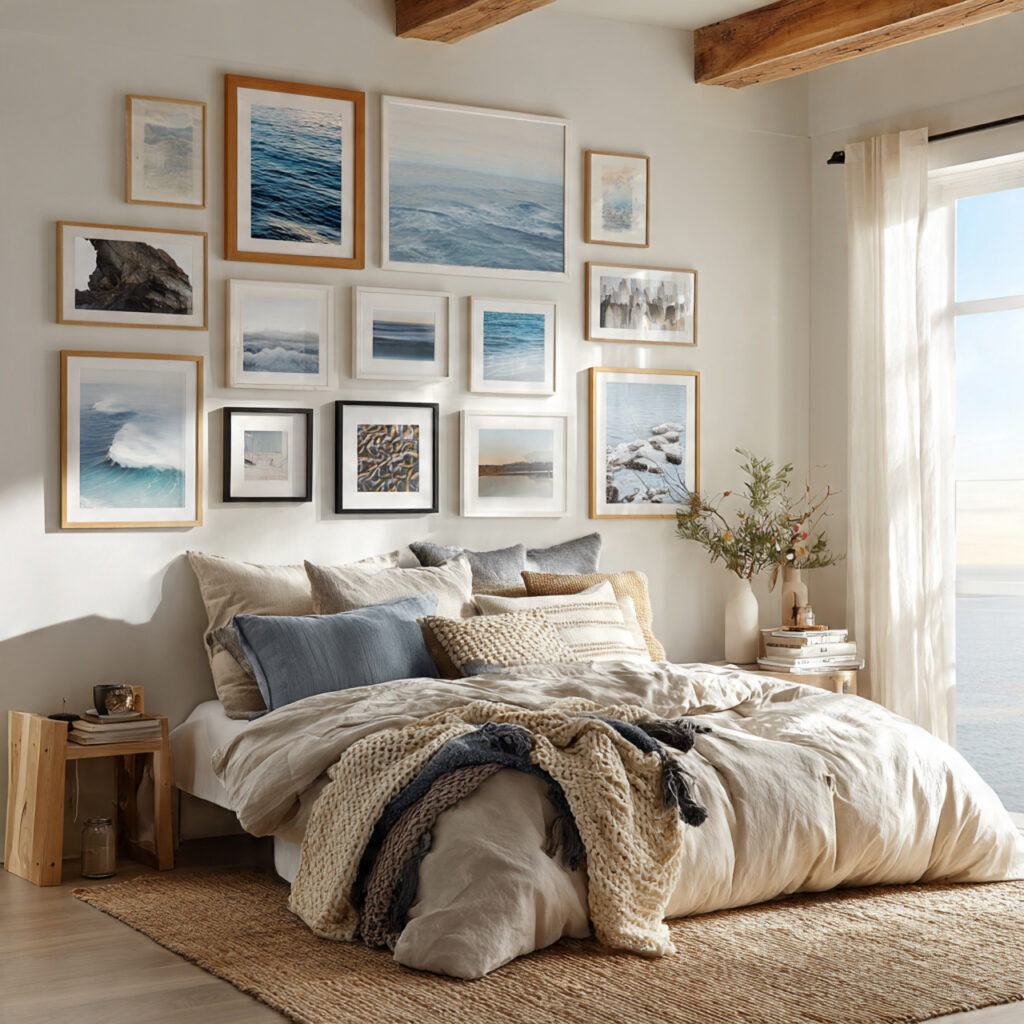 Coastal Gallery Wall With Natural Frames and Ocean Art