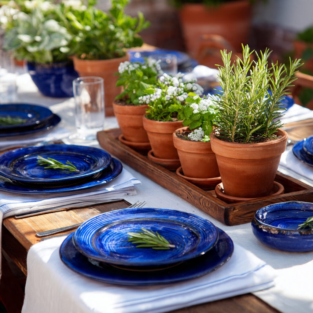 Cobalt Blue Ceramic Dinnerware With White Tablecloth and Herb Centerpiece