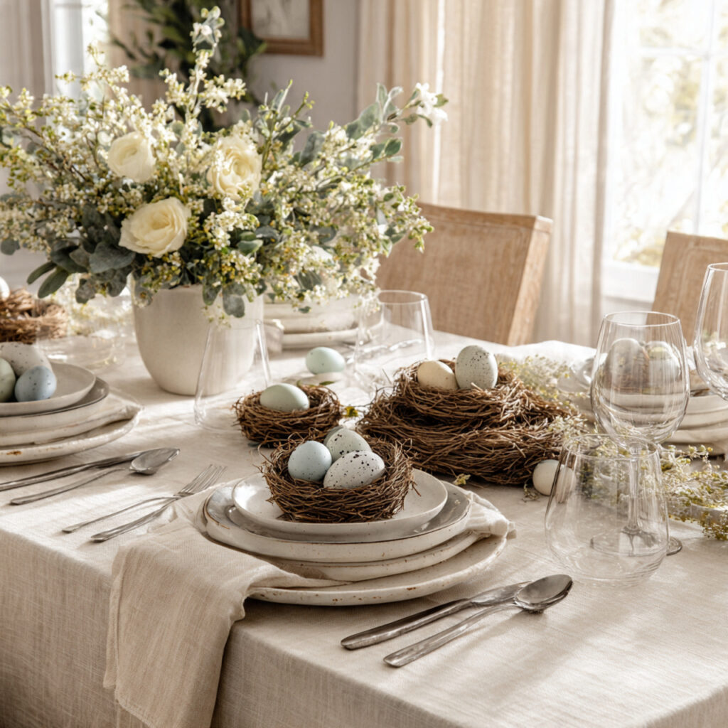 Easter-Inspired Tablescape With Speckled Eggs and Nests