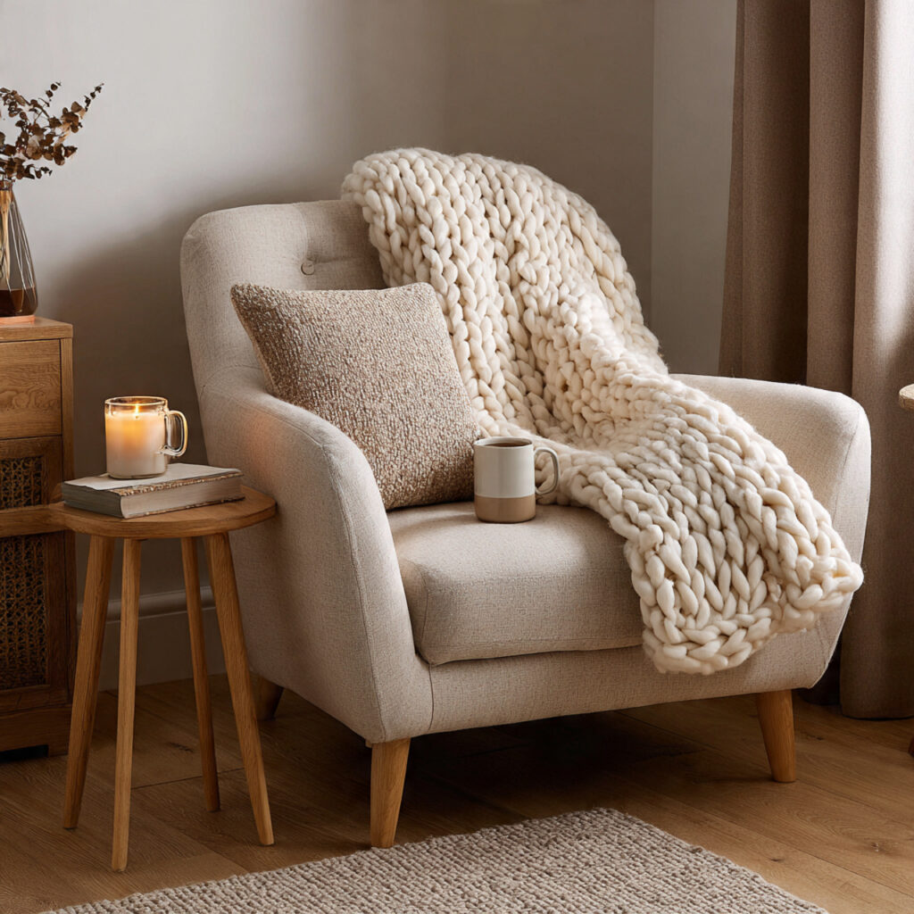 17 Cozy Summer Living Room Ideas That Feel Relaxing and Stylish Start Decorating Now 4 Oversized Chunky Knit Throw Draped Over Upholstered Armchair