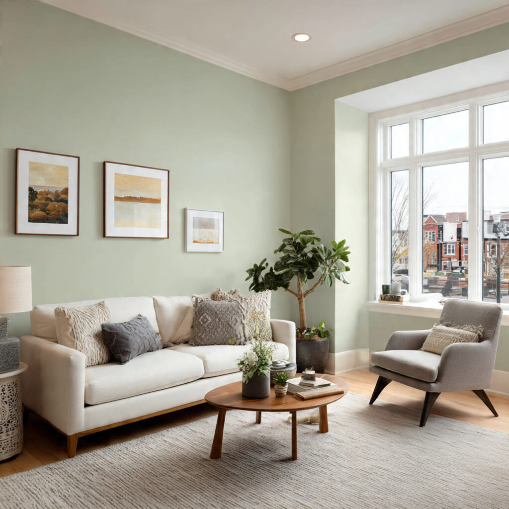 Pale Sage Green Accent Wall With Warm White Trim