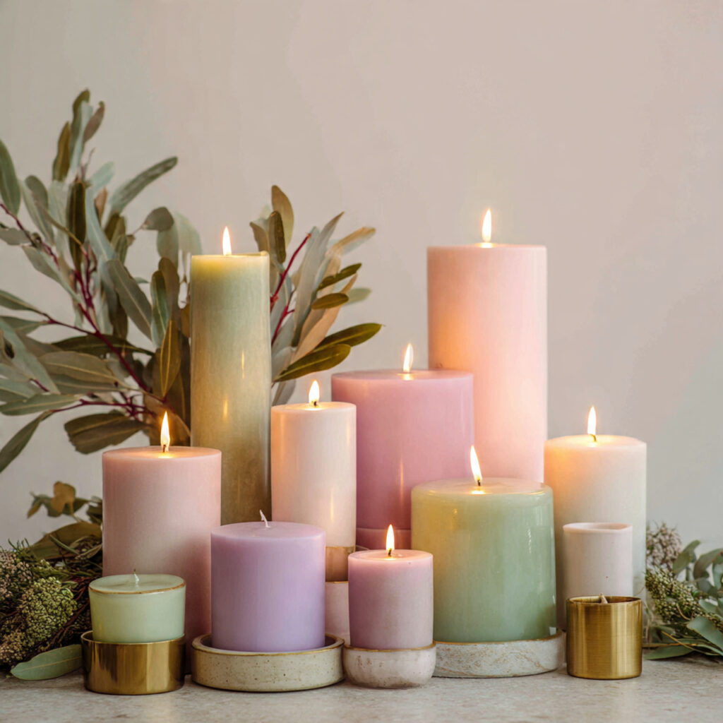 Pastel Taper Candle Cluster With Spring Foliage