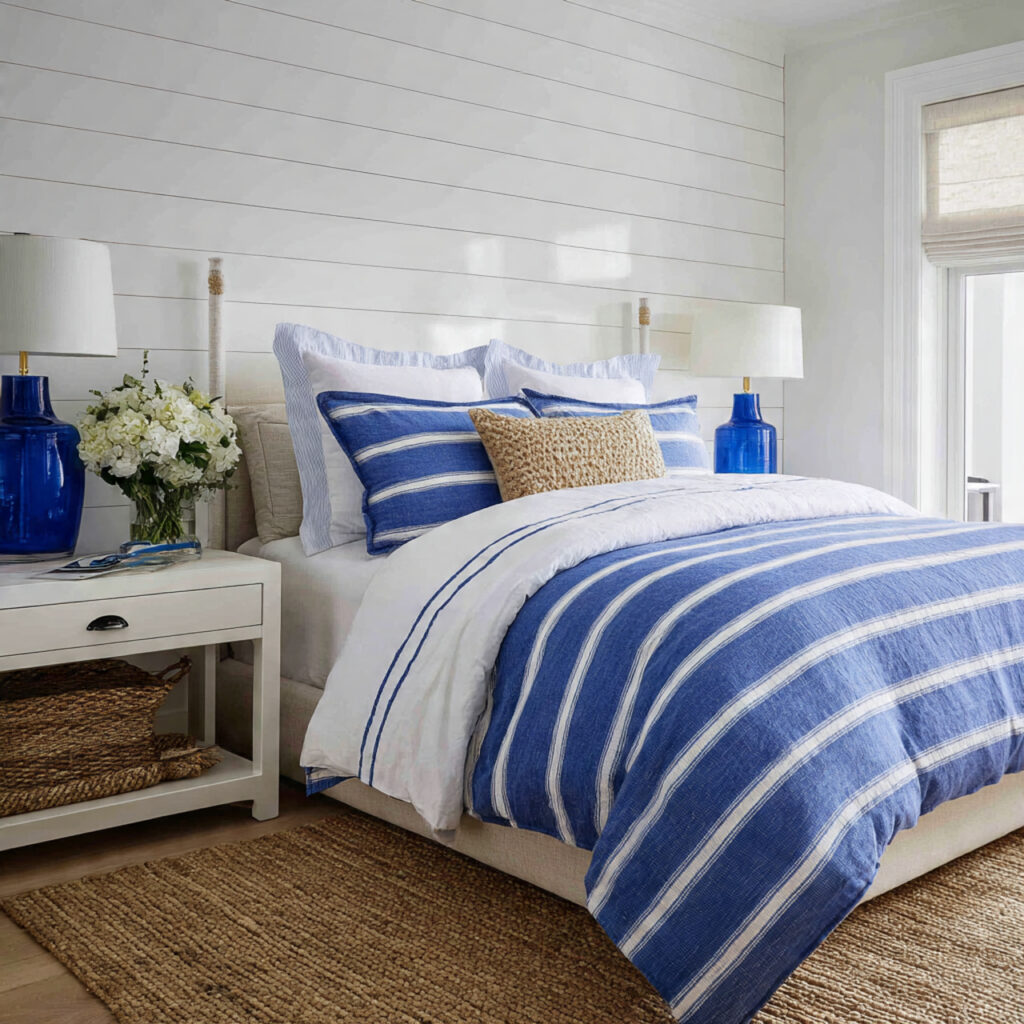 Coastal Blue and White Stripe Bedding With Shiplap Wall Panels