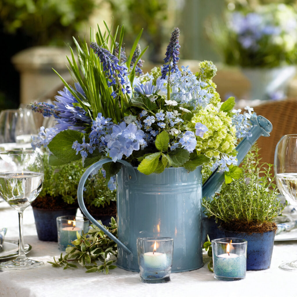 19 April Showers Table Decorations That Create a Fresh Rainy Spring Theme Start Styling Your Table Today 4 Watering Can Floral Centerpiece With Garden Bloom Overflow