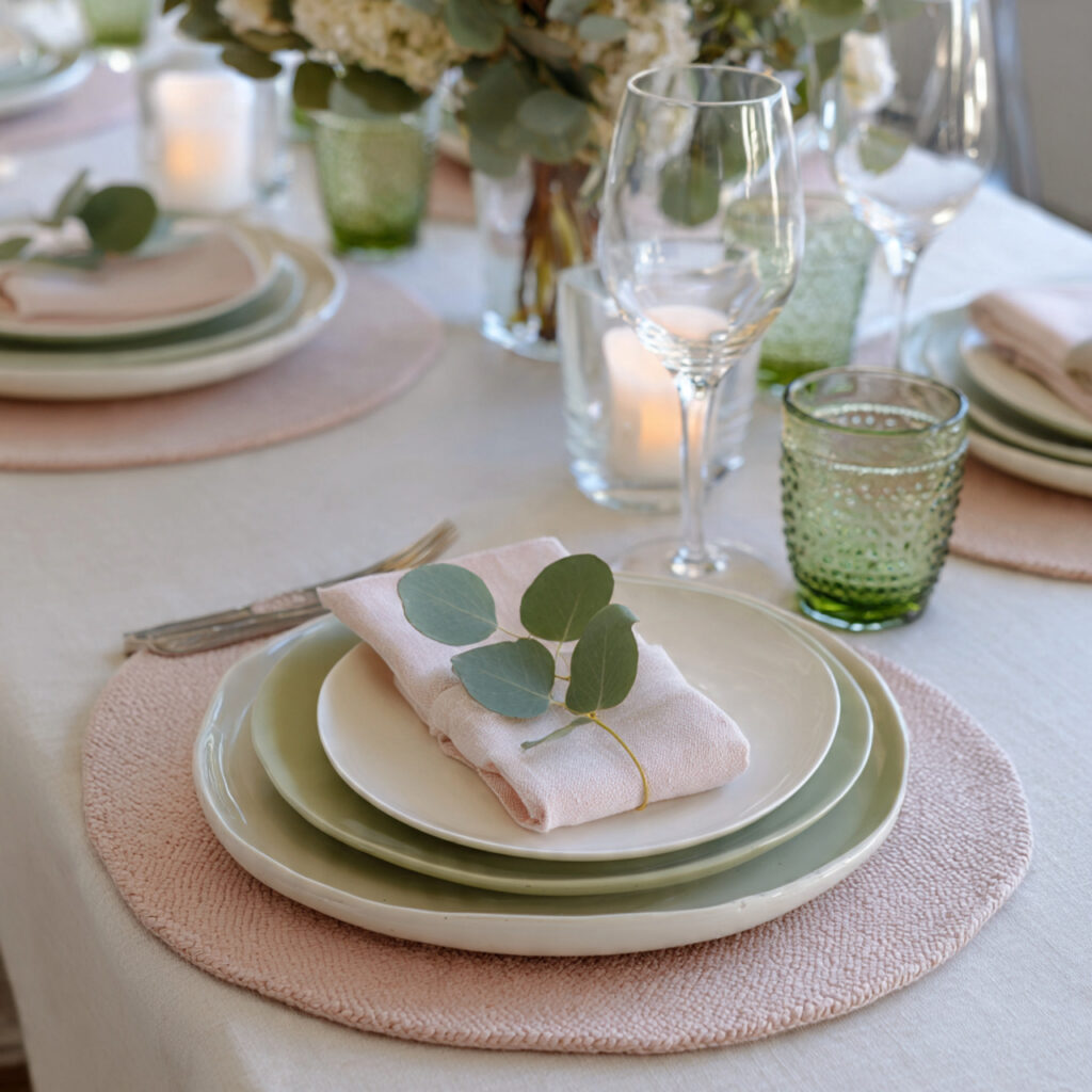 12 April Table Setting Ideas That Create a Bright and Elegant Spring Dining Experience You Must Try 5 Blush and Sage Formal Place Setting With Layered Dinnerware