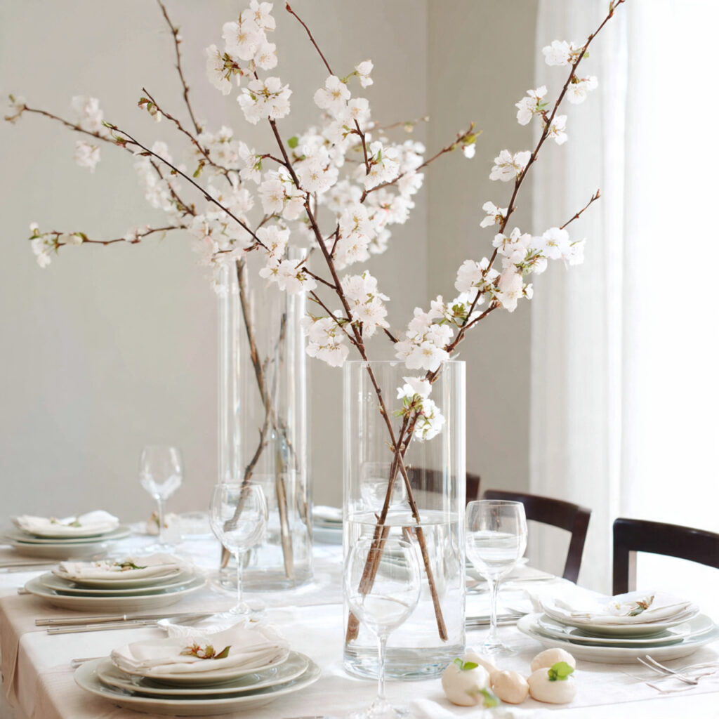 Cherry Blossom Branch Display in Tall Glass Vases