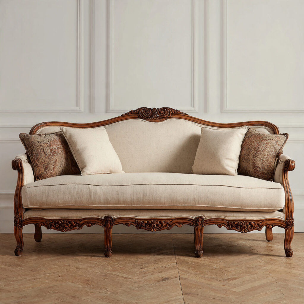 French-Style Carved Wood Sofa Frame With Linen Upholstery