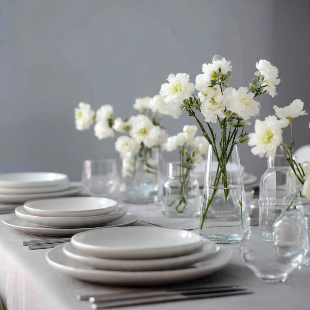 19 April Showers Table Decorations That Create a Fresh Rainy Spring Theme Start Styling Your Table Today 5 Grey and White Minimalist Rain-Inspired Table With Glass Accents