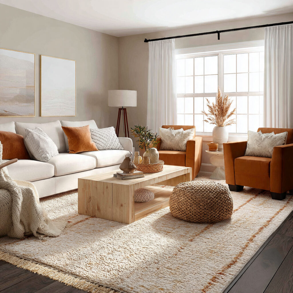 17 Cozy Summer Living Room Ideas That Feel Relaxing and Stylish Start Decorating Now 5 Layered Rug Arrangement With High-Pile Center Accent