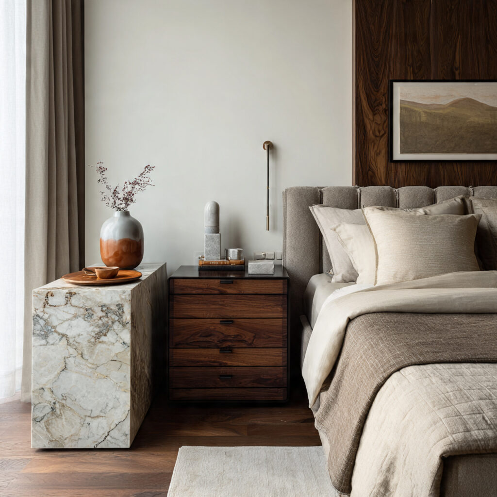 Marble and Aged Wood Furniture Pairing