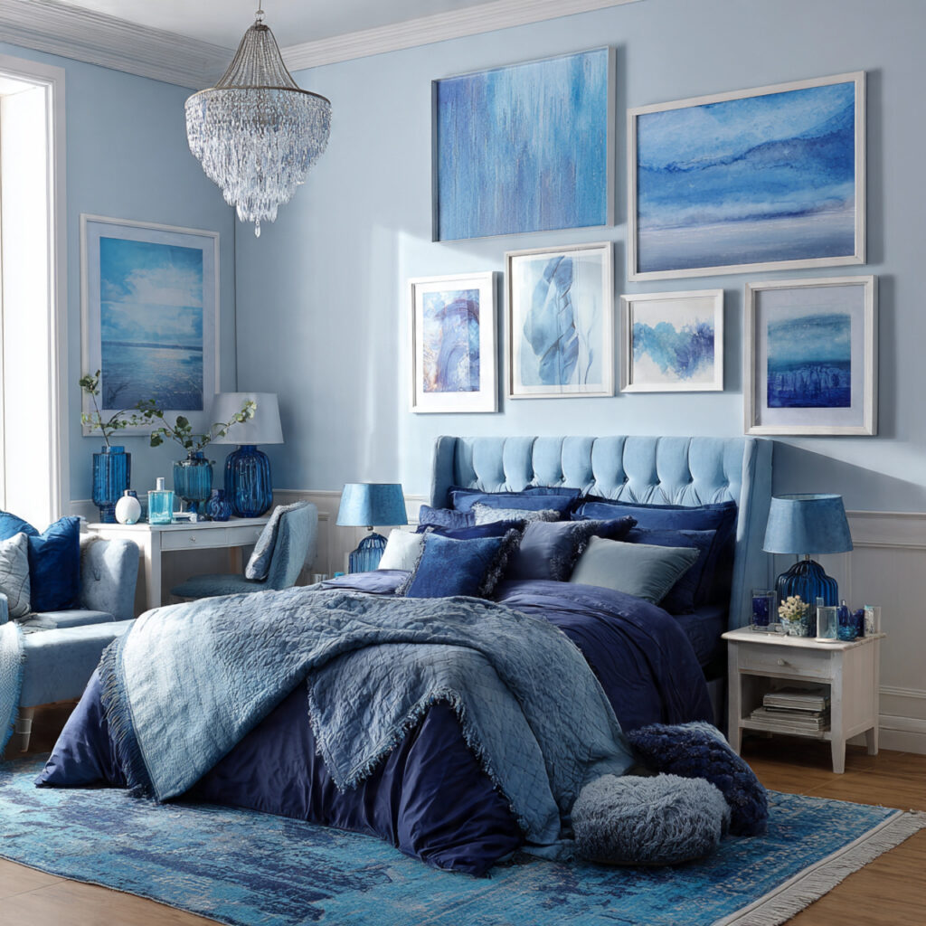 Powder Blue Maximalist Bedroom With Layered Blue Textiles