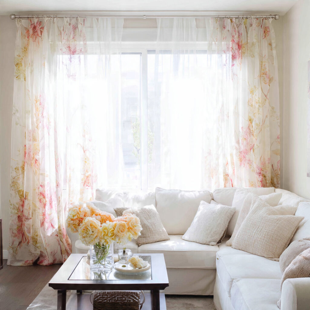 Sheer Floral or Leaf-Print Curtain Panels at Ceiling Height
