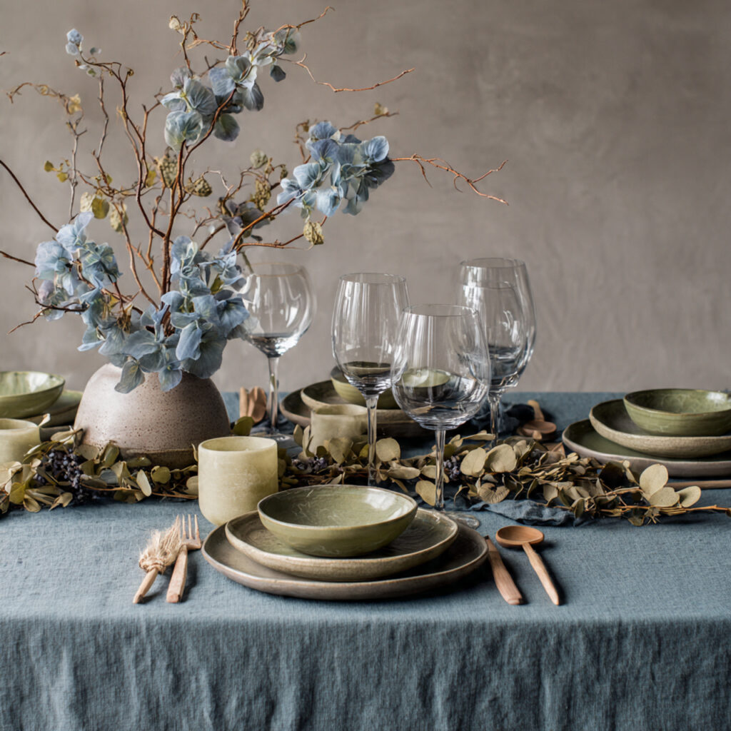 Slate Blue and Sage Green Table With Dried Botanical Runner