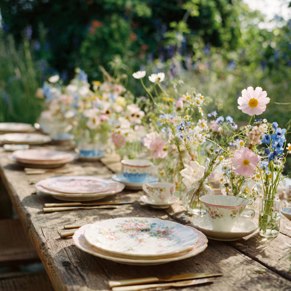 Wildflower Meadow Table With Mismatched Vintage China