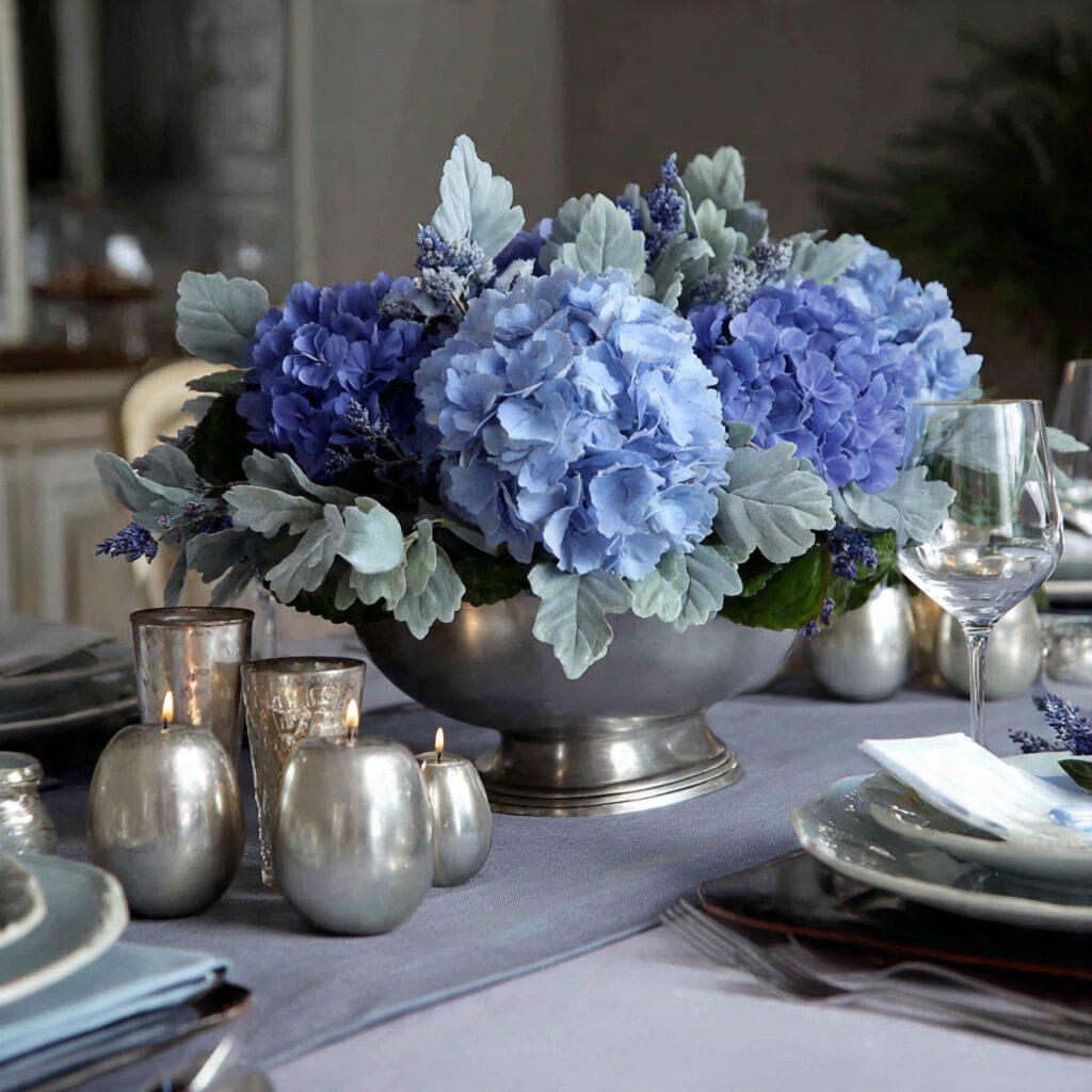 19 April Showers Table Decorations That Create a Fresh Rainy Spring Theme Start Styling Your Table Today 6 Blue Hydrangea and Silver Leaf Branch Centerpiece