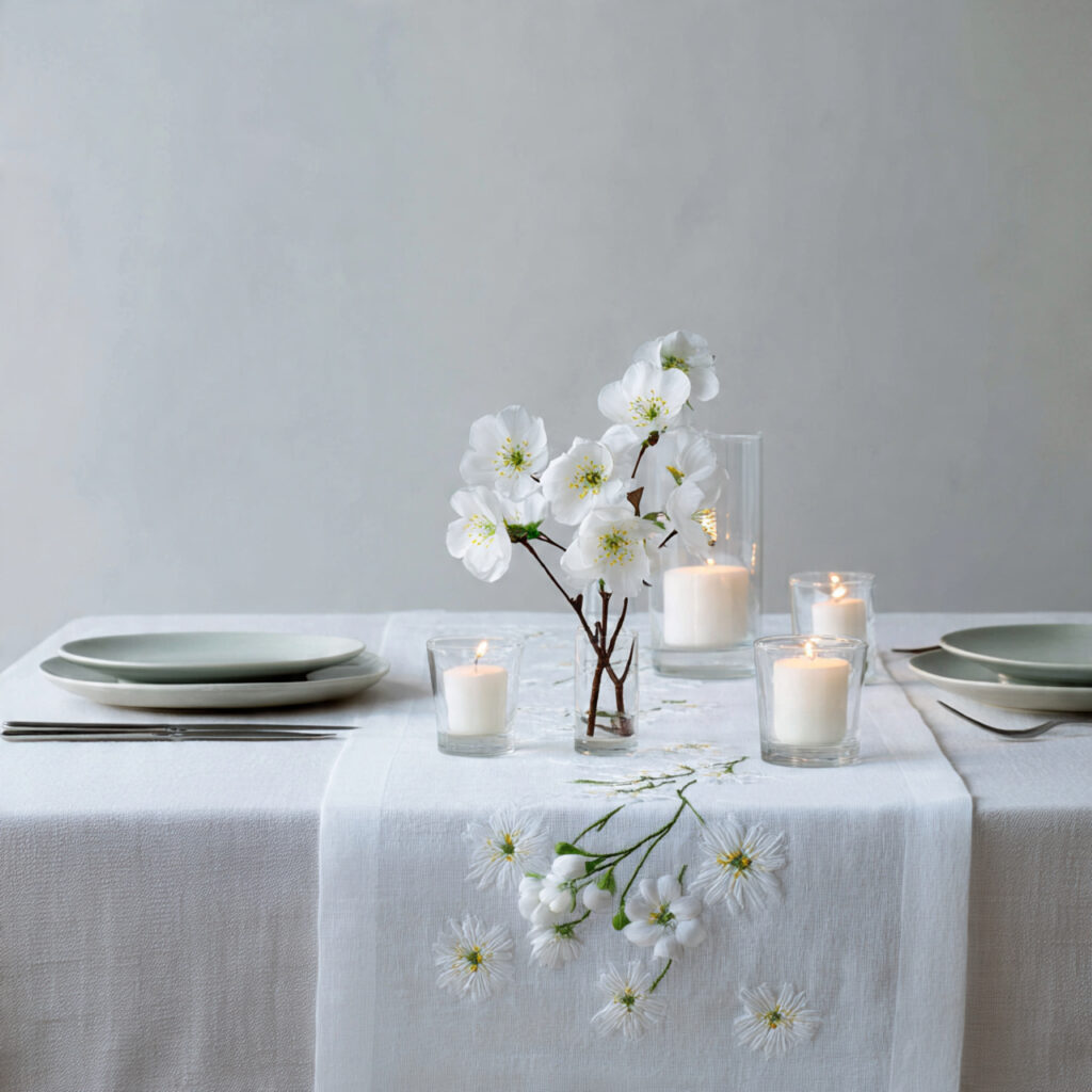 Embroidered Floral Linen Runner With White Table Styling