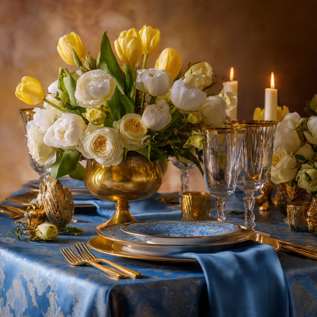 French Blue and Gold Formal Spring Table With Floral Centerpiece