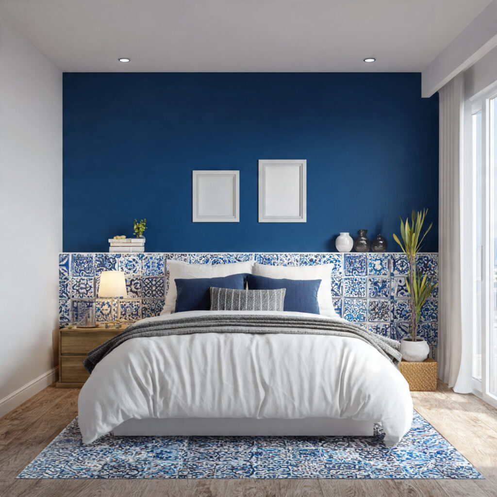 Mediterranean Blue Accent Wall With Tile-Inspired Trim