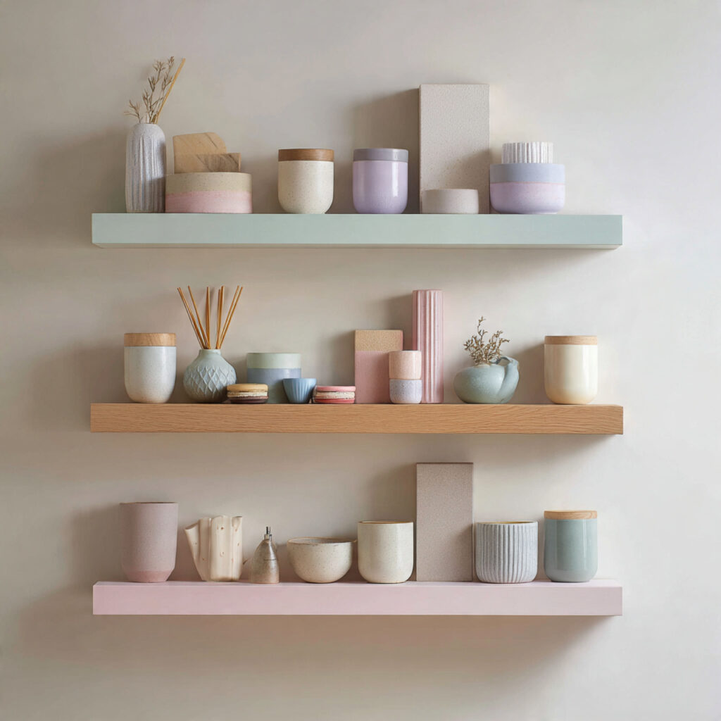 Pastel and Neutral Color-Blocked Floating Shelf Display