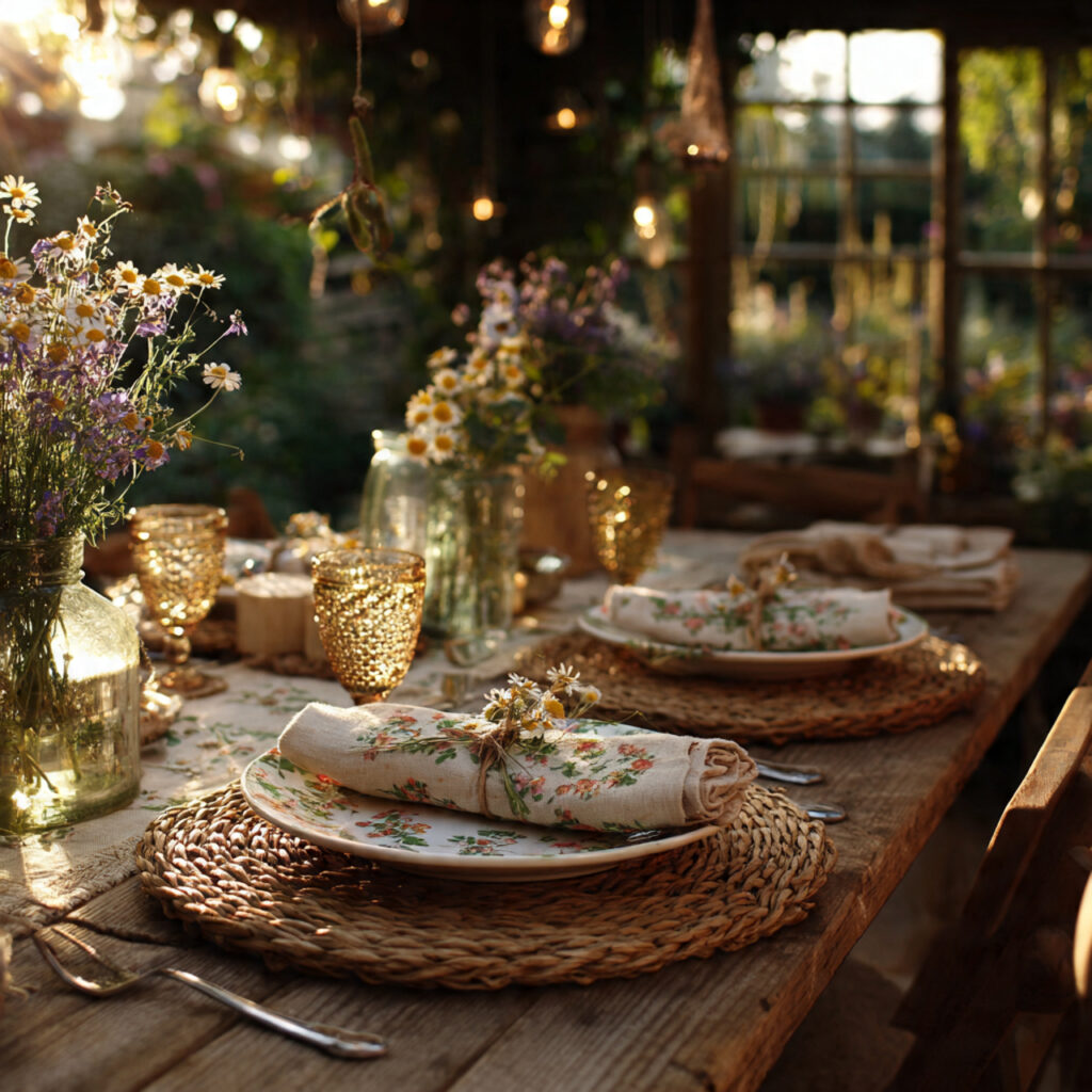 12 April Table Setting Ideas That Create a Bright and Elegant Spring Dining Experience You Must Try 6 Rustic Cottagecore Place Setting With Wildflower Accents